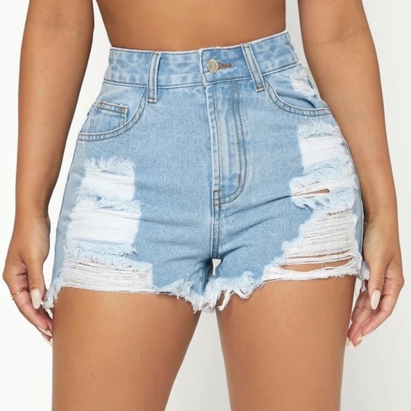 SHEIN PETITE High Waist Ripped Raw Trim Denim Shorts - Picture 1 of 3